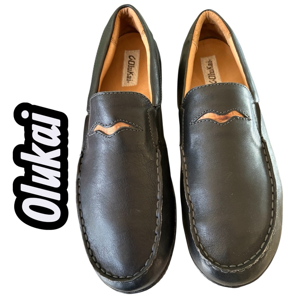 OluKai Men's Black Moloa Leather Loafers. Size 12  Like new, excellent preowned!